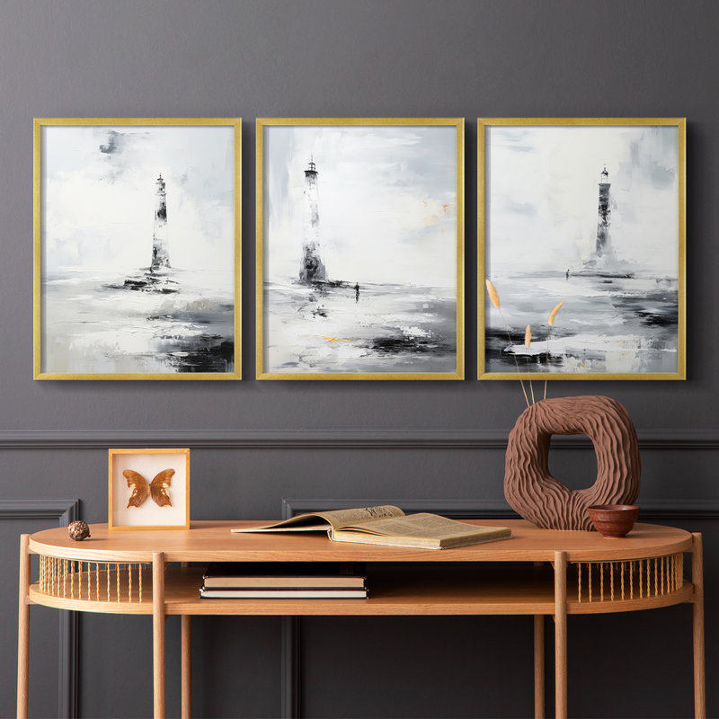 Série Sea and Shore Cxxiv - Ensemble de 3 estampes numériques encadrées - Prêt à être accroché, Doré, H 20 po x l 16 po