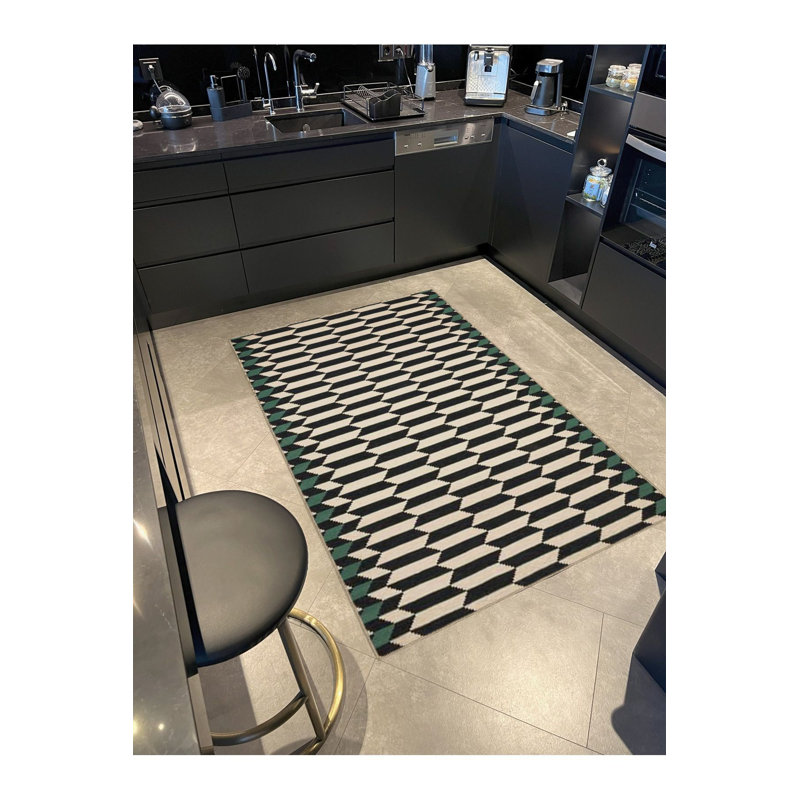 Tapis noir à motif géométrique noir, Sous-tapis rectangulaire de 3 pi 3 po x 9 pi 10 po