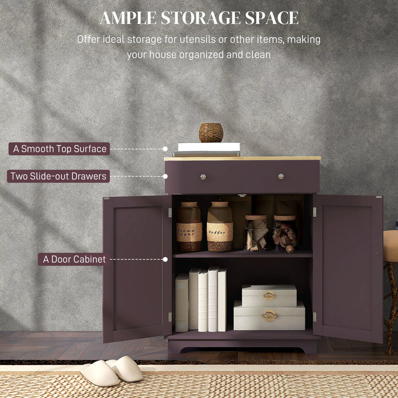 Coffee Sideboard - Solid Wood Countertop Kitchen Storage Cabinet With 2 Drawers, Doors, Adjustable Shelf Coffee Decor