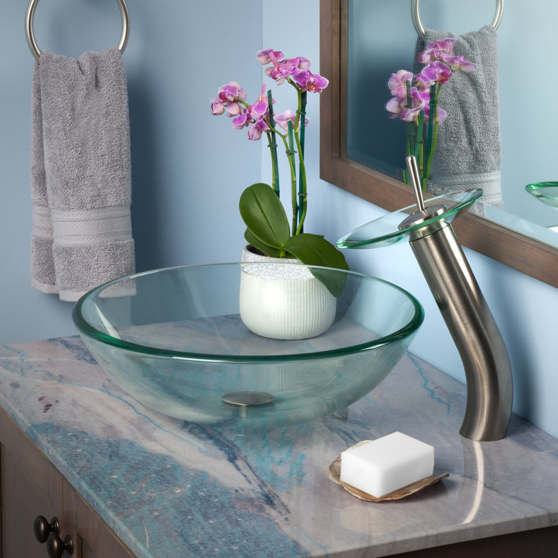 Lavabo de salle de bain vasque circulaire en verre trempé transparent, Nickel brossé
