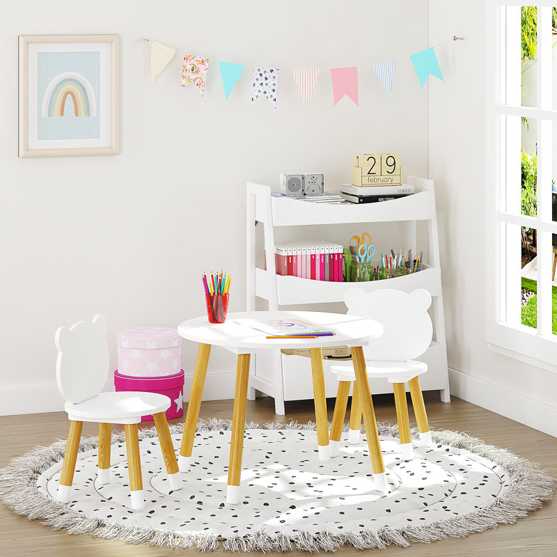 White Wooden Kids Round Table with Bear Chairs, 3-Piece Set