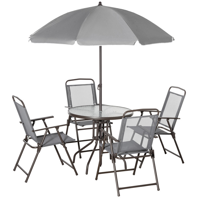 Ensemble de salle à manger de patio 6 pièces gris pour 4 personnes, chaises de table d'extérieur avec parasol et 4 sièges pliants, structure ronde en acier trempé pour table de jardin en bord de piscine