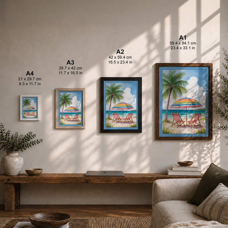 Deck Chairs Under Rainbow Coastal - Framed Print, A1 - 84.1 x 59.4 cm, Walnut