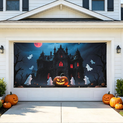 Décoration d'Halloween : Drapeau de porte de garage, grand fond de garage effrayant, décoration murale pour porte de garage, intérieur/extérieur, jardin, etc.
