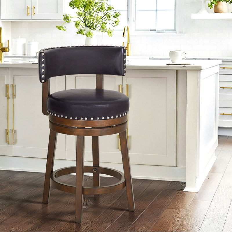Tabouret de bar pivotant rembourré, chaise d'îlot de cuisine pivotante à 360° avec structure en bois massif, assise et dossier rembourrés, finition cloutée