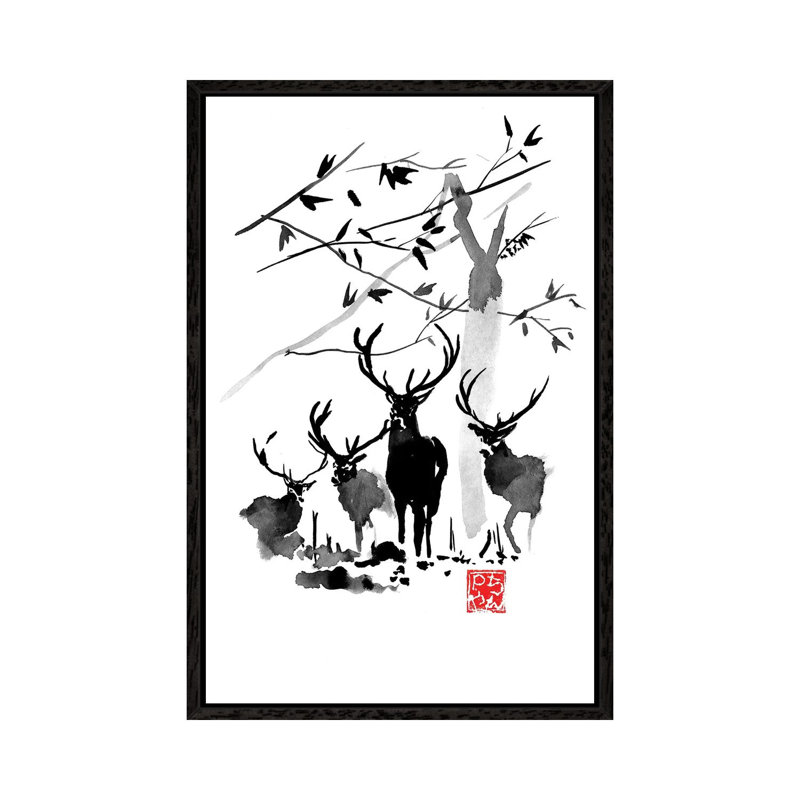 Deer Family by Péchane - Print on Canvas, Black Framed, 66.04 cm H x 45.72 cm W
