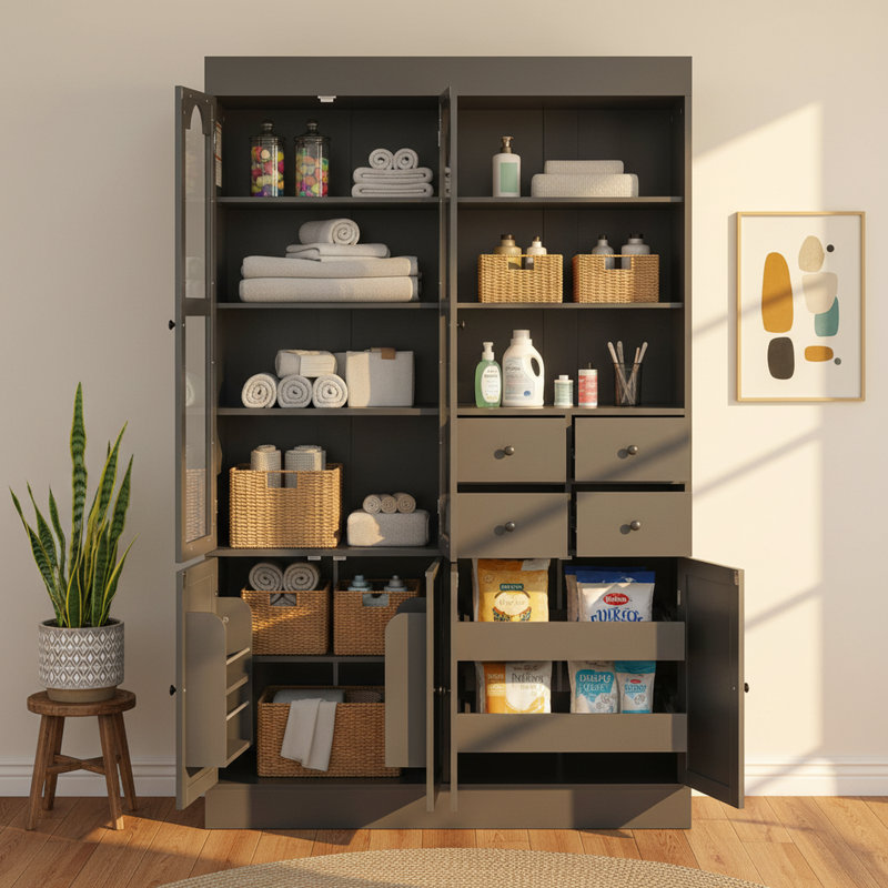 47.2" Freestanding Garage Storage Cabinet with Hutch, Glass Doors, 4 Drawers, Door Shelves & Pull-Out Trays – 75" Tall Utility Organizer
