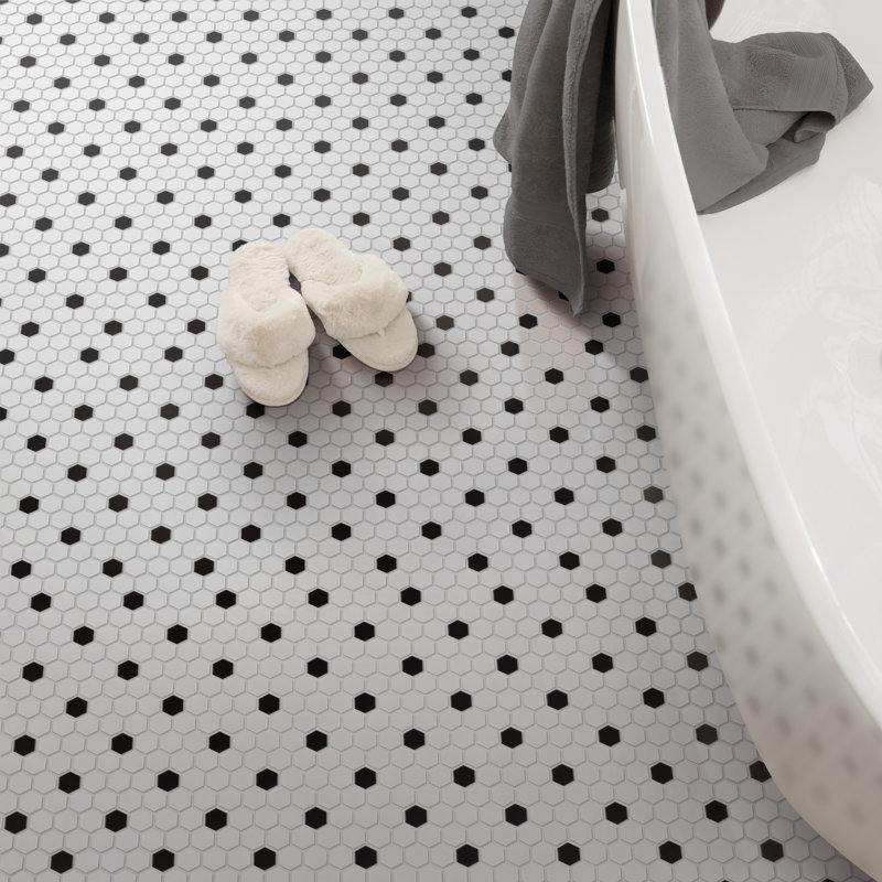 Madison 1" Hex Matte Cool White with Black Dot 10-1/4" x 11-7/8" Porcelain Mosaic Tile