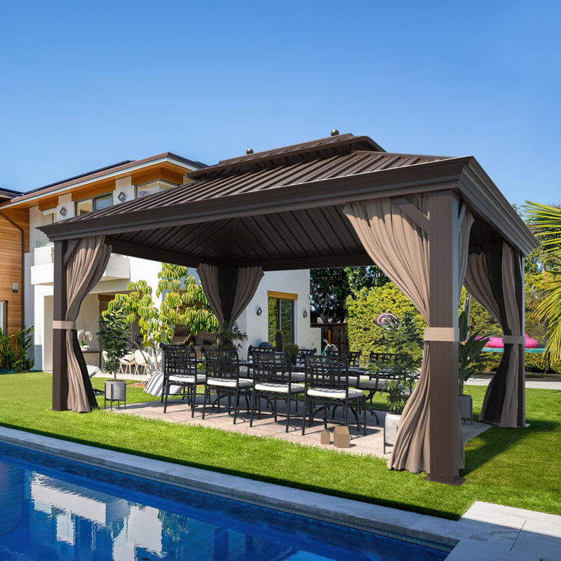 Pavillon de jardin à toit rigide de 12 pi x 16 pi avec système de drainage, pavillon de jardin extérieur en aluminium avec double toit en acier galvanisé, pavillon de patio permanent en métal avec filet, pour jardin, terrasse