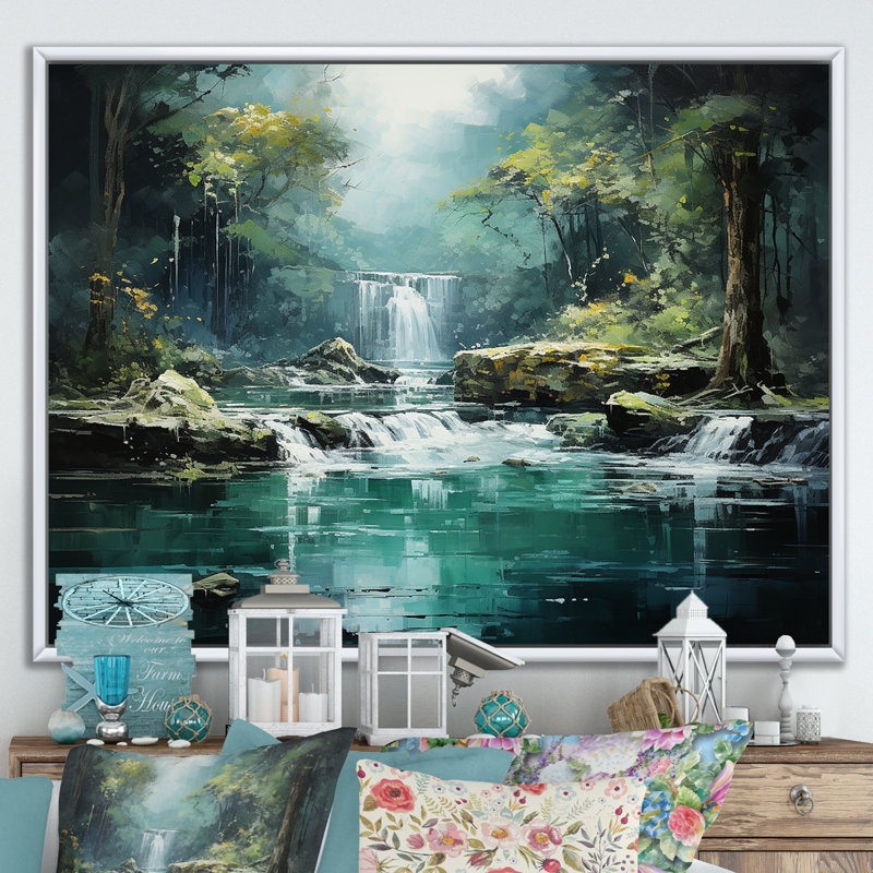 Cascade, paysage de falaise III, H 34 po x l 44 po x P 1,5 po, Cadre flottant blanc