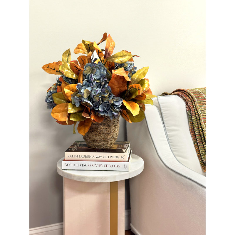 Fall Arrangement with Hydrangeas and Leaves in Rope Pot