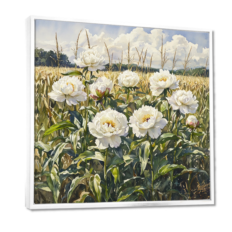Été pivoines dans le champ de maïs III - décorations murales pivoines, H 36 po x l 36 po, Impression encadrée flottante