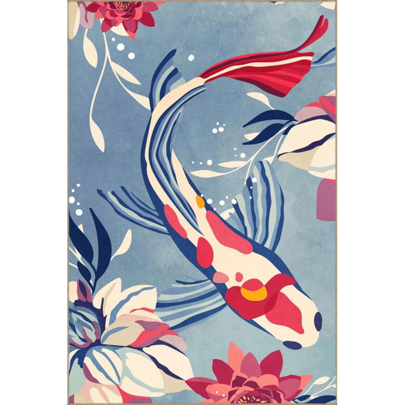 Blue Red Rose And Koi Fish Patterned Creative Modern Decorative Carpet, Round 3'4"