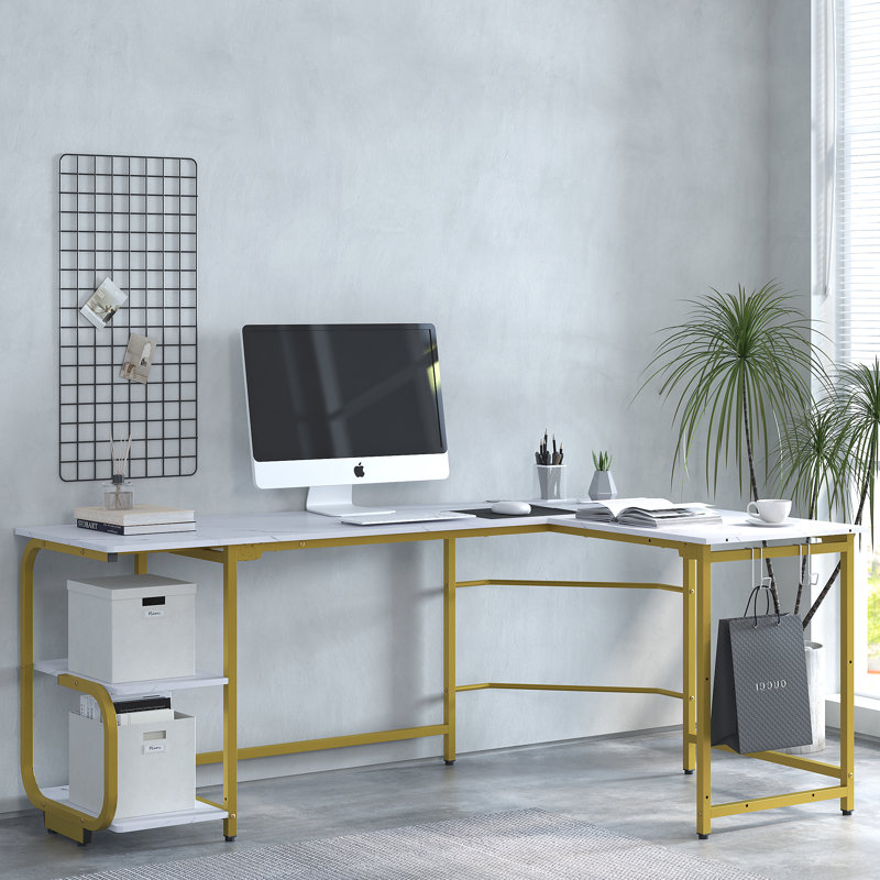 Konsta L-Shaped Metal Base Writing Desk, White Marble/Gold