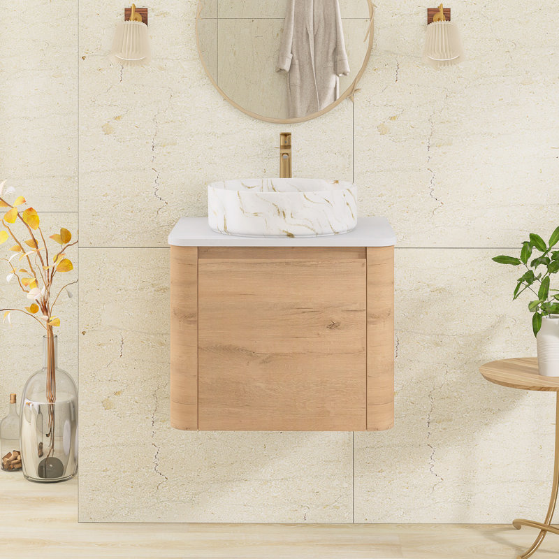 Meuble-lavabo mural simple 23,6 po avec dessus en pierre reconstituée, Imitative Oak