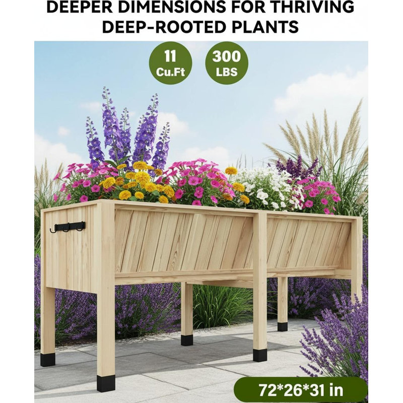 Lit de jardin surélevé en bois 13,7 pouces de profondeur, H 31 po x l 76 po x P 26 po, Bois naturel