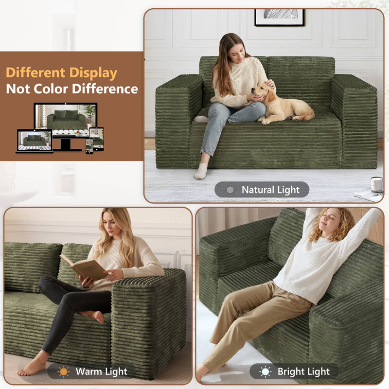  Causeuse en velours côtelé de 63 po de largeur avec 2 coussins, canapé moderne en mousse haute densité de couleur verte