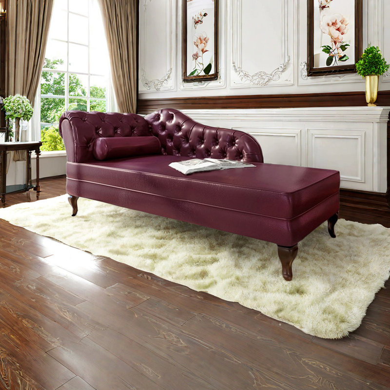 Chaise longue classique rembourrée en similicuir, Brun noyer, Accoudoir à gauche (vu de face), Rouge riche