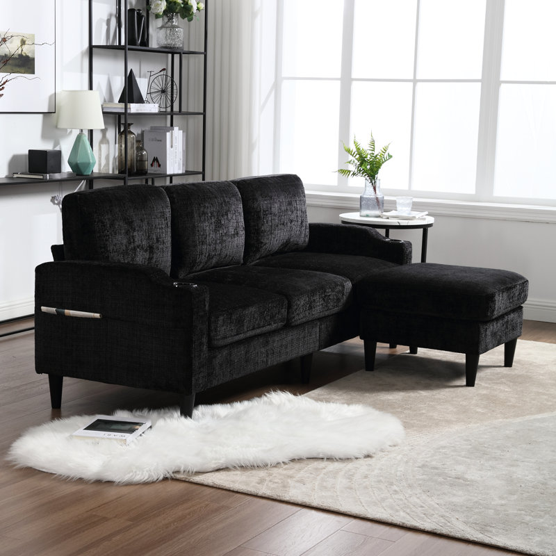 Canapé modulaire confortable avec chenille et porte-gobelet, Black
