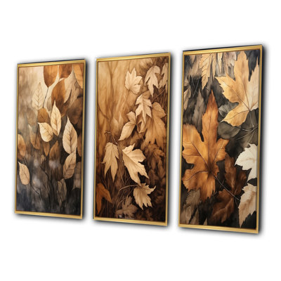«Brown Beige Leafs» Harmony V - ensemble d'art mural encadré floral de 3