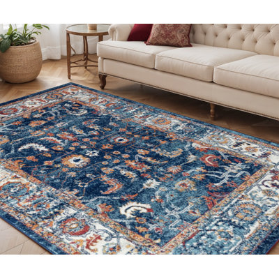 Tapis oriental tissé à la machine 5 pi x 8 pi bleu rouille et orange