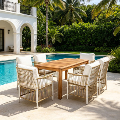 7-piece Outdoor Dining Table Set, 6 Rattan Reading Chair With Wood Table
