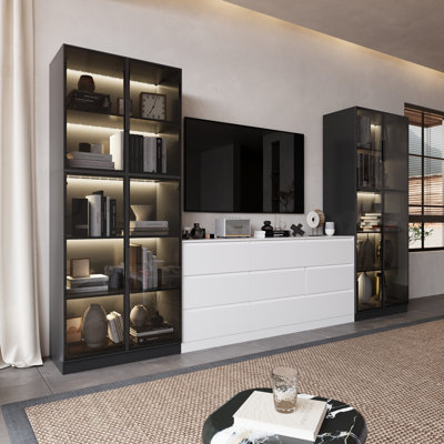 3pc-tv Stand With Bookshelves Modern Entertainment Center With Glass Door