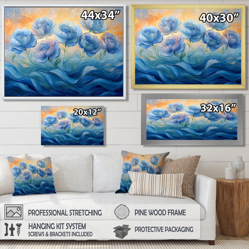 Ishaanvi, pivoines bleues en harmonie I - pivoines, art mural, Reproduction encadrée d'une seule photo, H 12 po x l 20 po