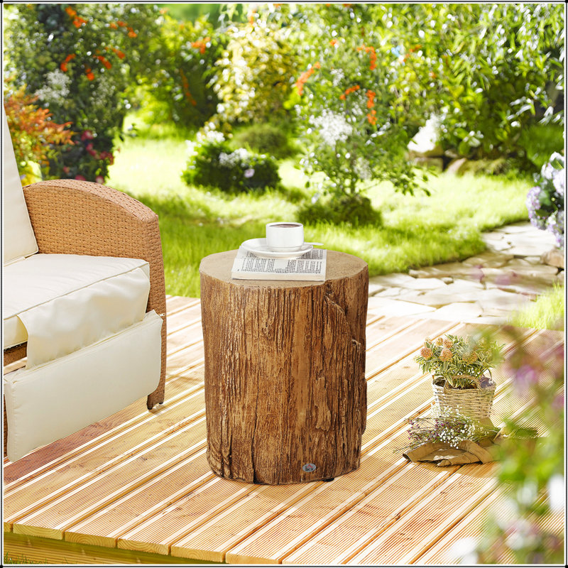 Tabouret de souche d'arbre, table d'appoint décorative avec plateau rond, table de bout en béton avec finition grain de bois pour l'intérieur et l'extérieur