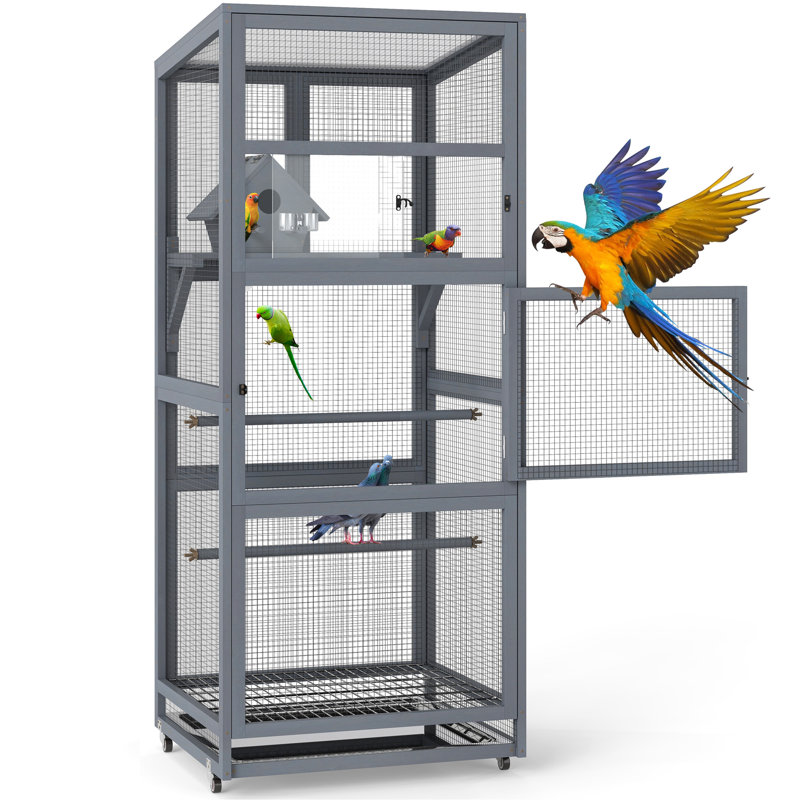 Wood Bird Cage With Universal Wheels-Gray