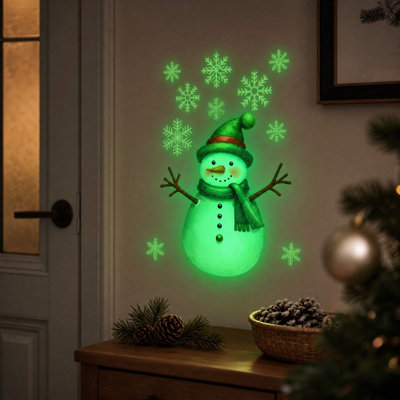 Décorations de Noël - Autocollants muraux lumineux verts bonhomme de neige et flocons de neige pour salon et chambre à coucher - Décoration adhésive pour les fêtes