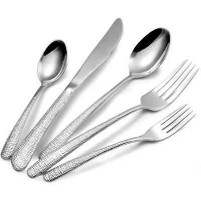 Ensemble de couverts 20 pièces en acier inoxydable pour 4, 18/10 couverts en argent poli avec texture martelée, ensemble de couverts durables et lavables au lave-vaisselle pour tous les jours et occasions spéciales