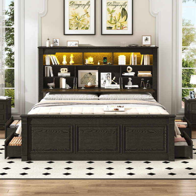 Farmhouse Bed Frame With Bookcase Storage Headboard, Charging Station And LED Lights, King, Wood Grain Black
