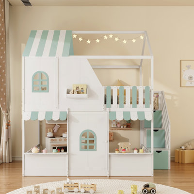 Full Over Full House Bunk Bed with Storage Staircase & Shelves