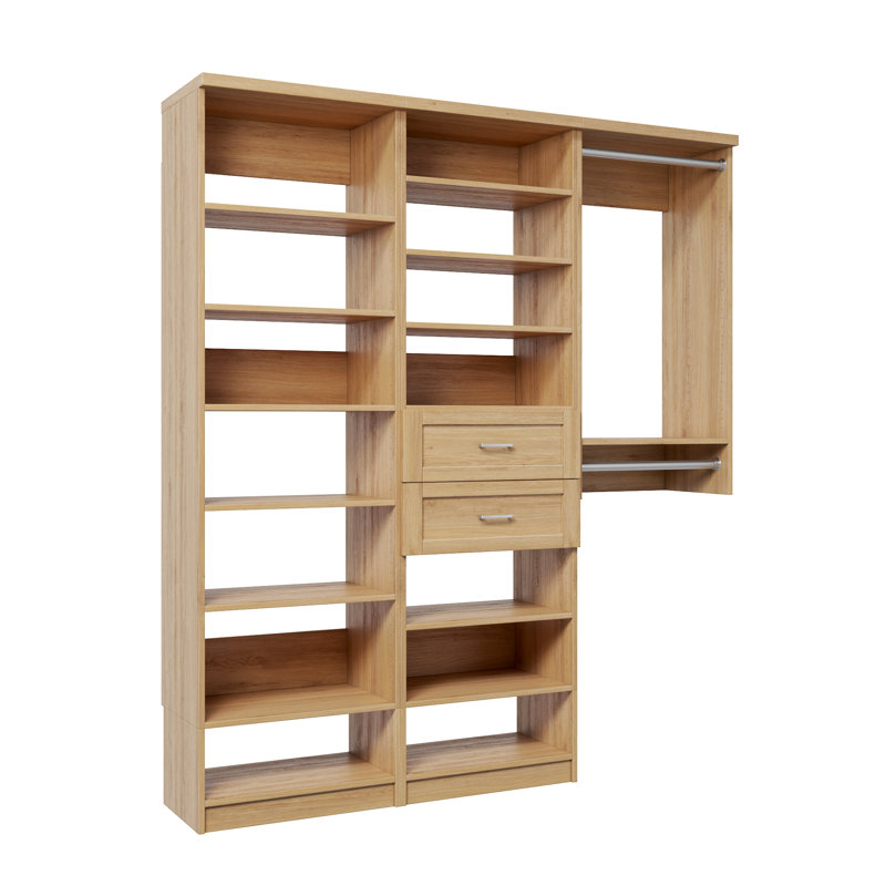 Natural Oak 58.5" Floor-Mounted Single Wall Closet System with 3 Sections, 2 Clothing Rods, 14 Shelves & 2 Shaker Drawers