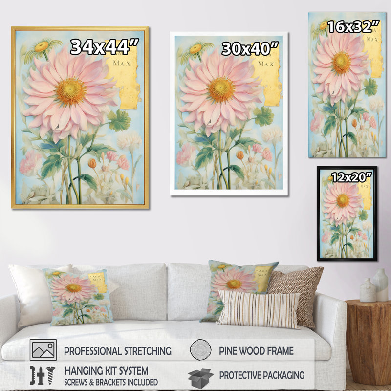 Collage rétro de marguerites roses - impression, H 20 po x l 12 po x P 1 po, Cadre flottant doré