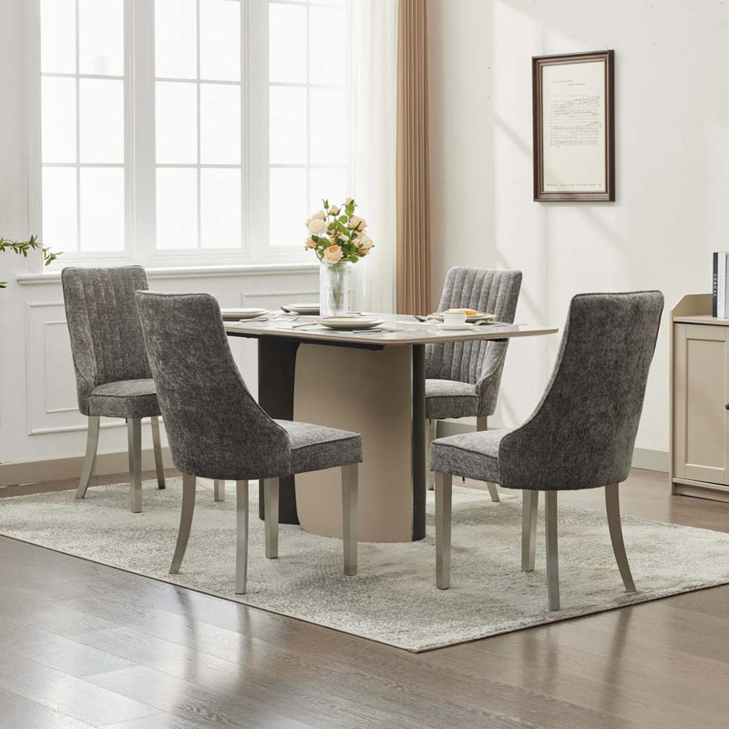 Chaises de salle à manger en chenille avec pieds en acier inoxydable, Gris