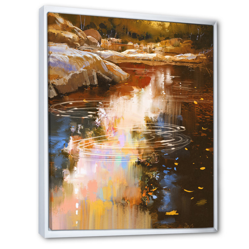 River River Lines with Stones in Autumn Forest - Peinture sur toile, H 20 po x l 12 po, Cadre flottant blanc