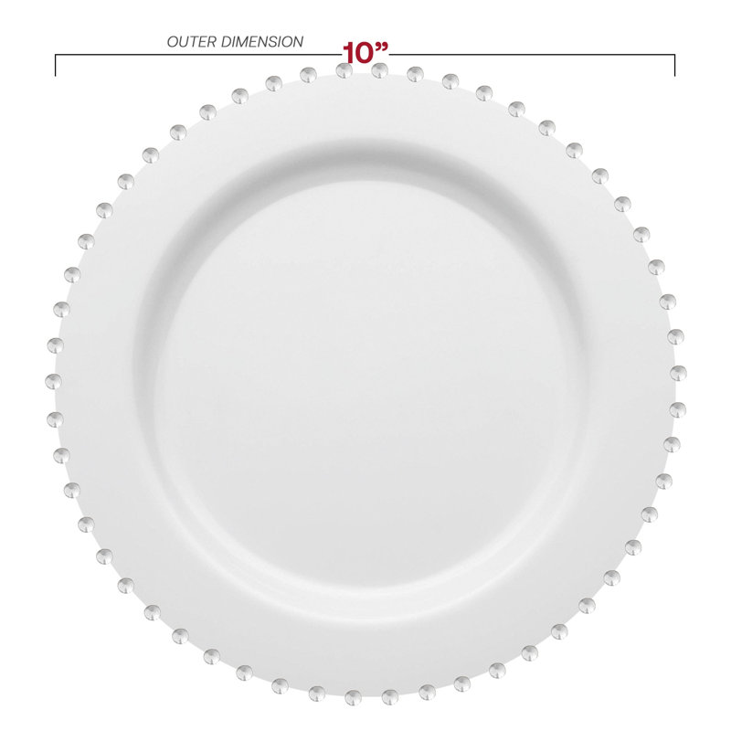 Assiettes plates rondes jetables en plastique blanc avec cordon de perles argentées (25 cm) - 120 assiettes