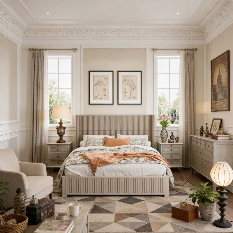 Wood Platform Bed with Elegant Headboard,No Box Spring Needed, Beige, King Size