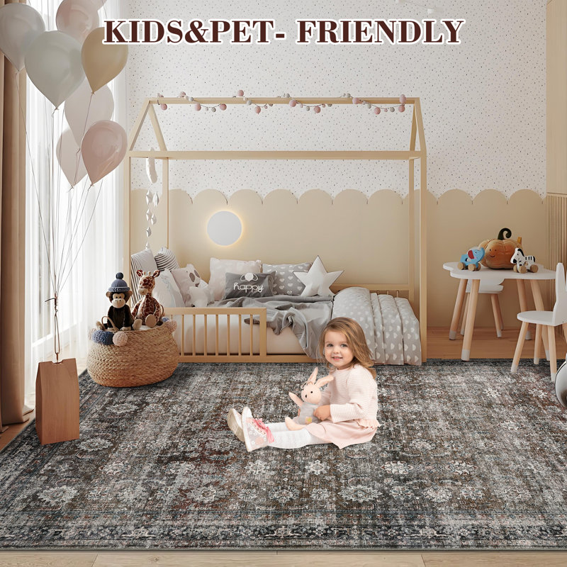 Machine Washable Rug with Rubber Backing for Living Room Oriental Non-Slip Bedroom Rug Floral Faux Wool Runner Rugs for Hallway Kitchen Entryway Laundry