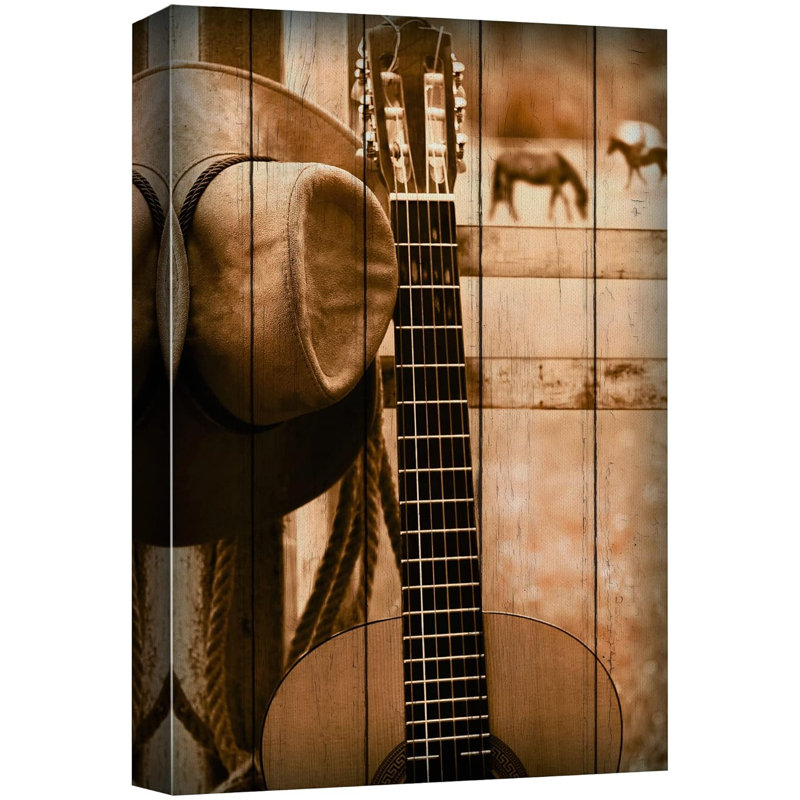 Guitare, chapeau de cowboy, ferme, cheval, ranch, animaux, art numérique, ferme, faune rustique, Toile tendue