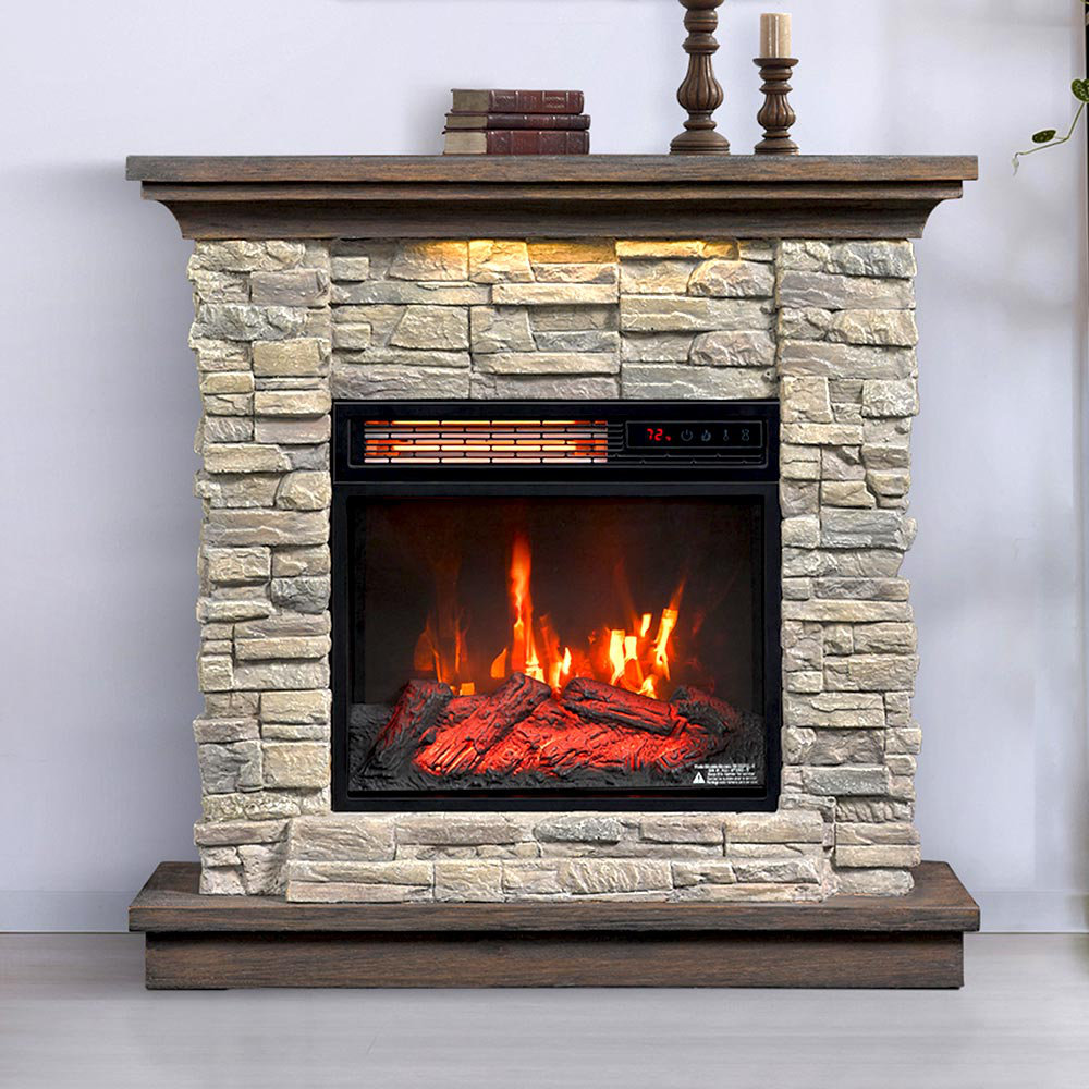 Millwood Pines Infrared Electric Fireplace Mantel Package in Smoky Gray  Faux Stone with Wood Mantel - 1,000 SQ. FT | Wayfair