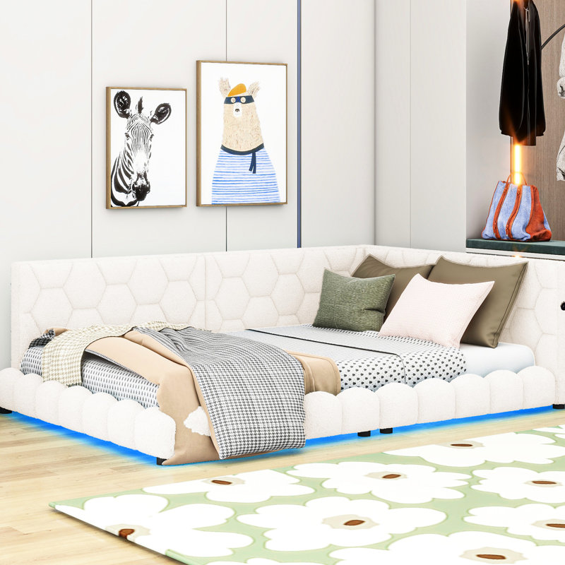 Lit tapissier blanc avec ceinture de charge et à DEL - Bois de pin + fabrication, plateforme confortable pleine grandeur, environnement de sommeil confortable