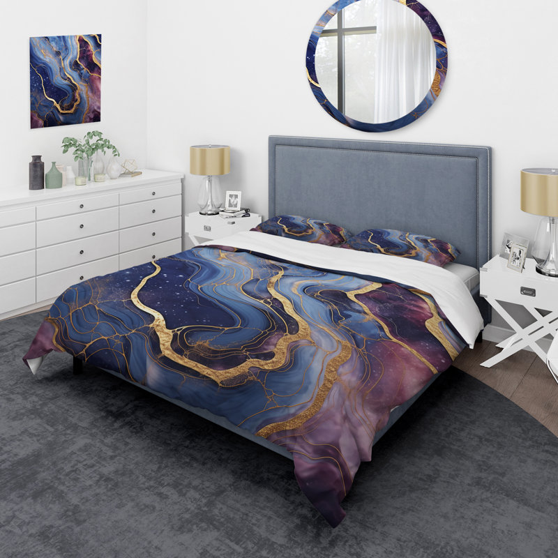 Ensemble de housse de couette en marbre bleu et doré, Housse de couette pour très grand lit et 2 très 