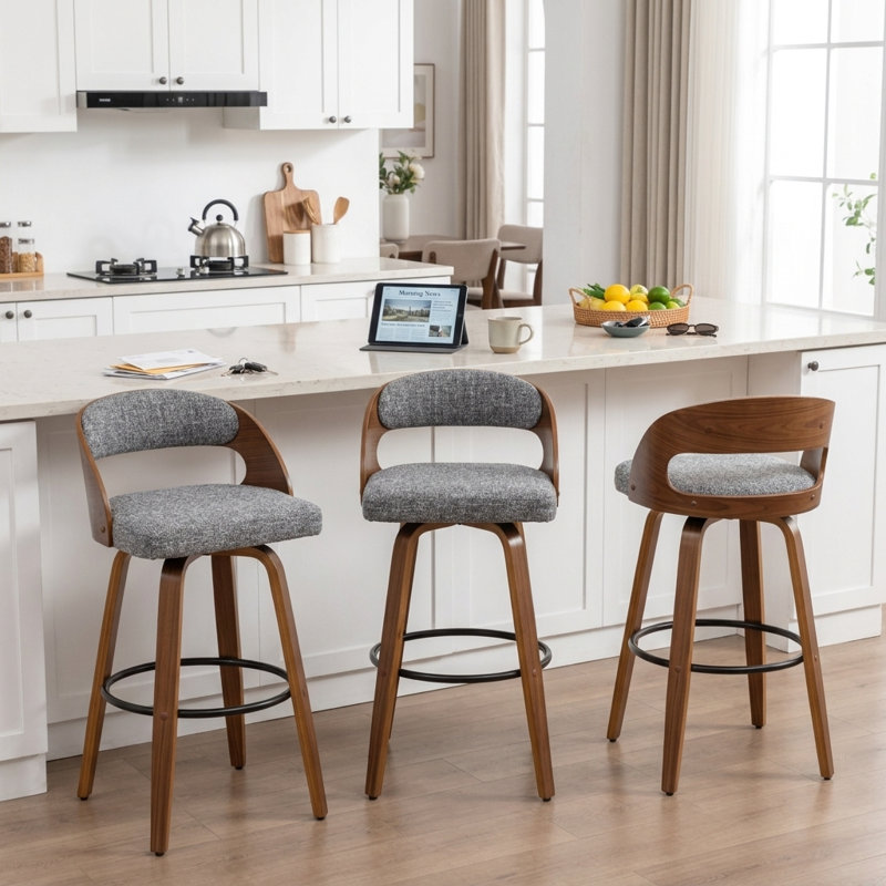 Ensemble de 3 tabourets de bar et de comptoir pivotants en cuir Jacobson, Gris / Lin