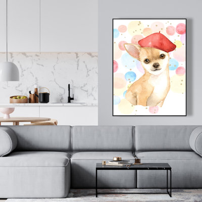 Chihuahua Dog Artist Beige Framed Canvas Home Decor | Cute Art