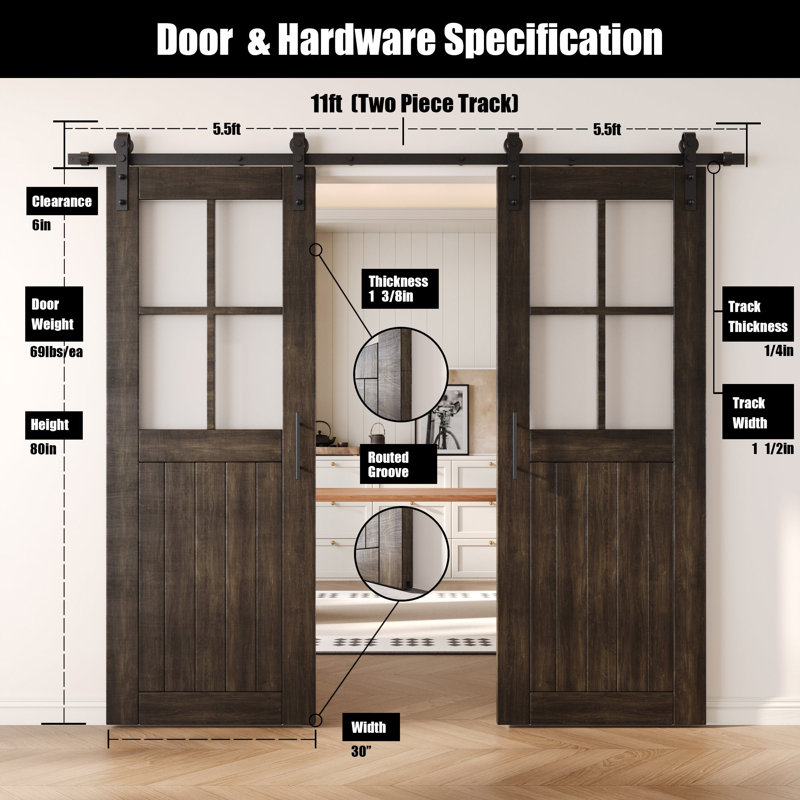 Portes de grange en verre givré non assemblé et fini demi-verre 30 po x 80 po Homacer Ebony, 30 po x 80 po