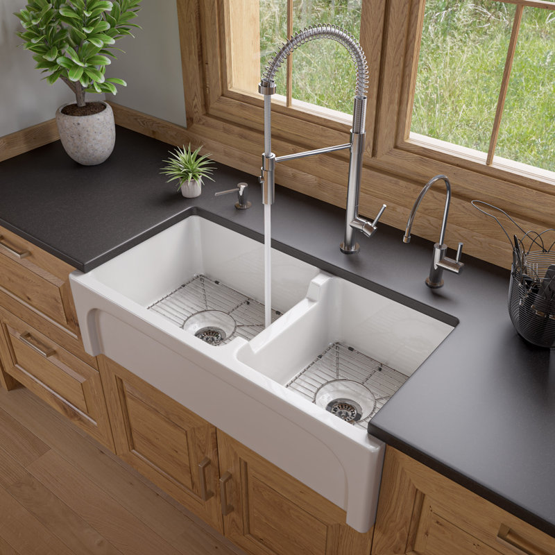 36'' L Double Bowl Fireclay Kitchen Sink, White