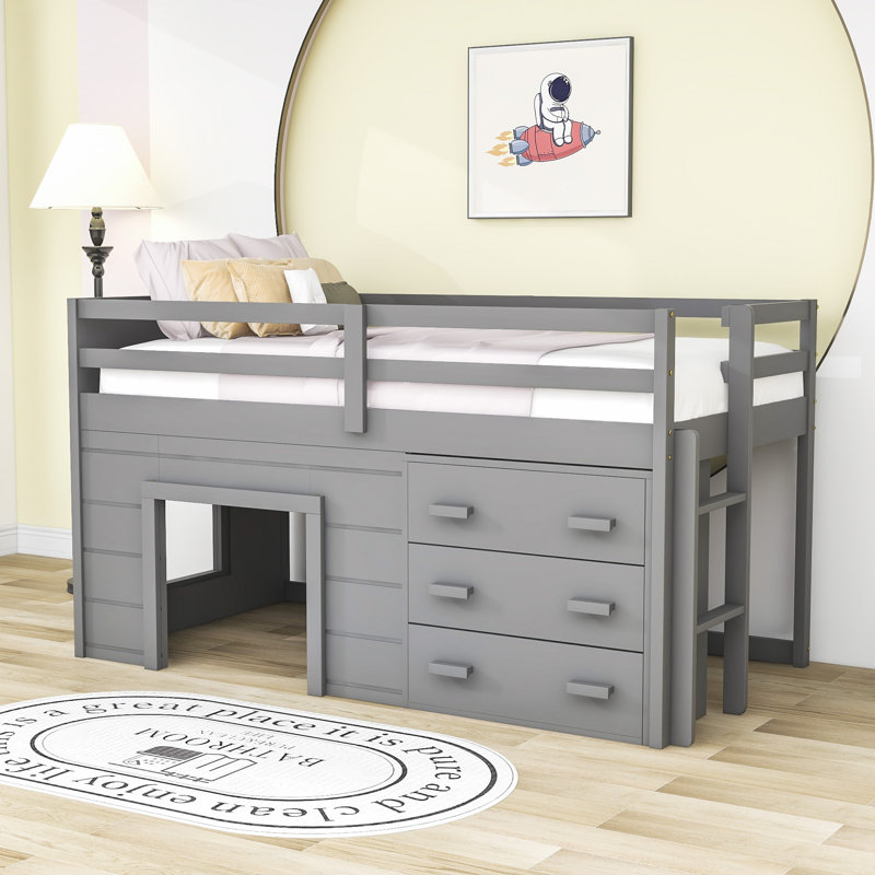 Lit mezzanine 3 tiroirs avec tablettes Gigel par Harriet Bee, gris